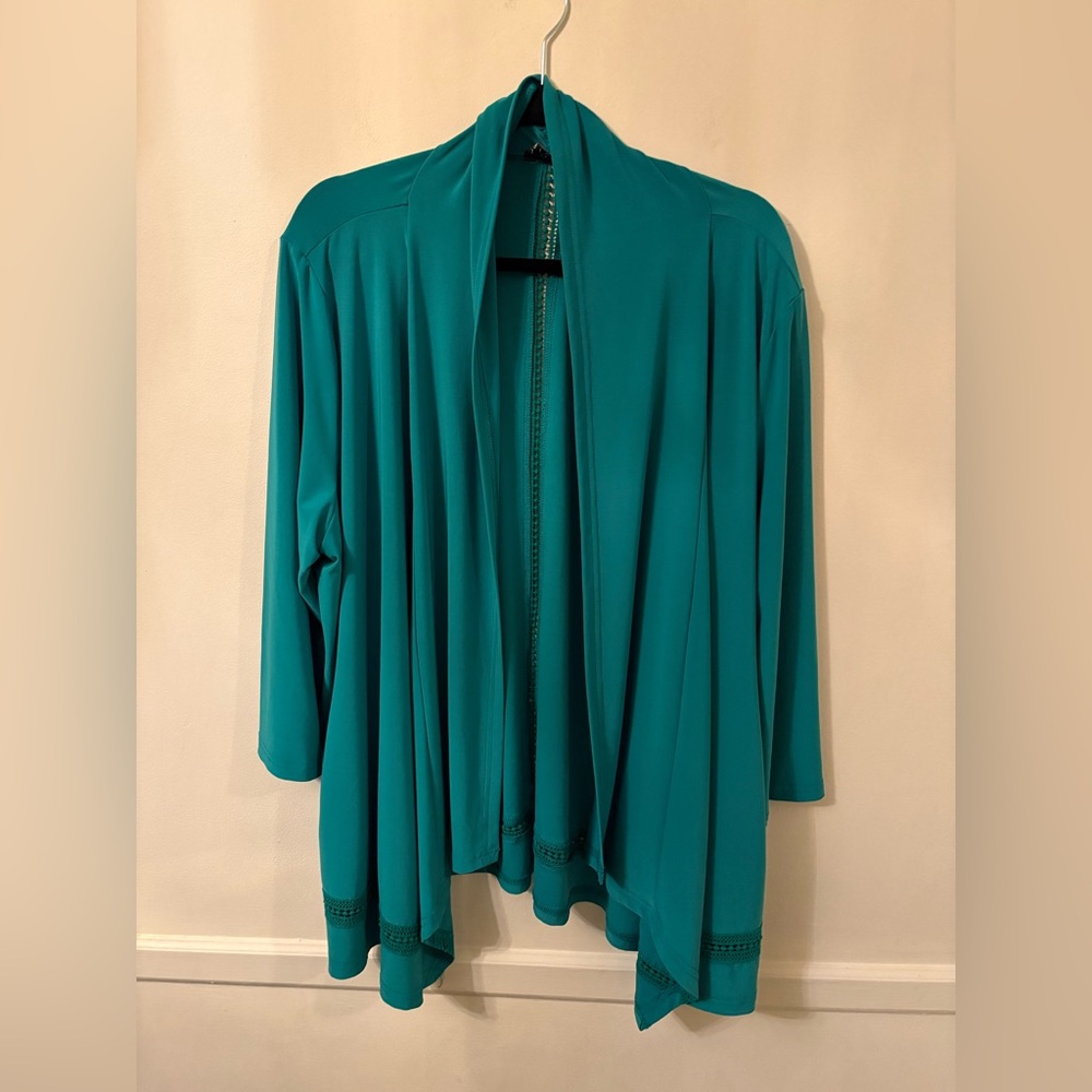 Joan Rivers Women’s Green Open Front Cardigan -Beautiful Crochet Accents -Sz XL